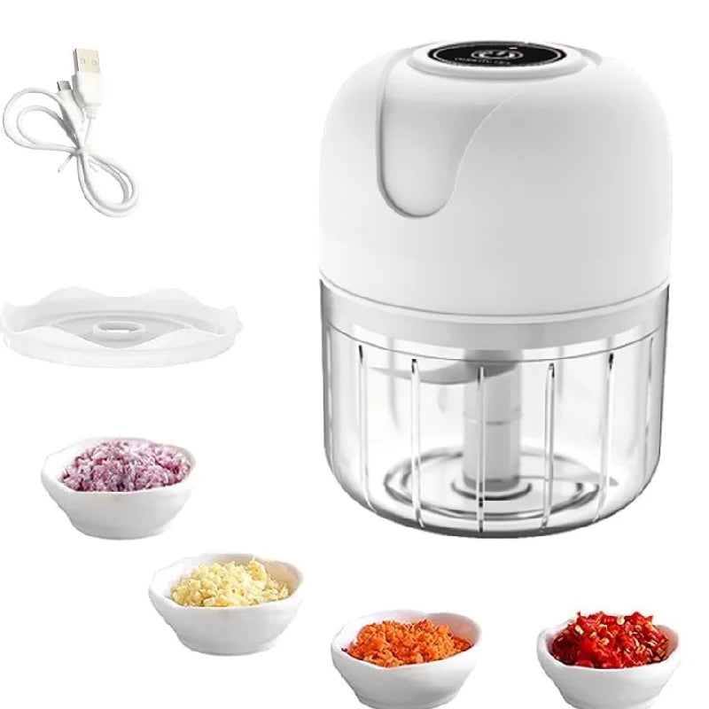 Mini Processador Elétrico de Alimentos Portátil com 3 lâminas de aço inox USB 250 ml Bivolt